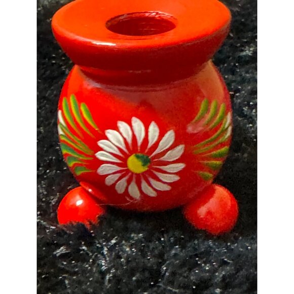 Sweden Hand-Painted Red Wooden Mini Candle Holders Floral Daisy - Picture 3 of 10